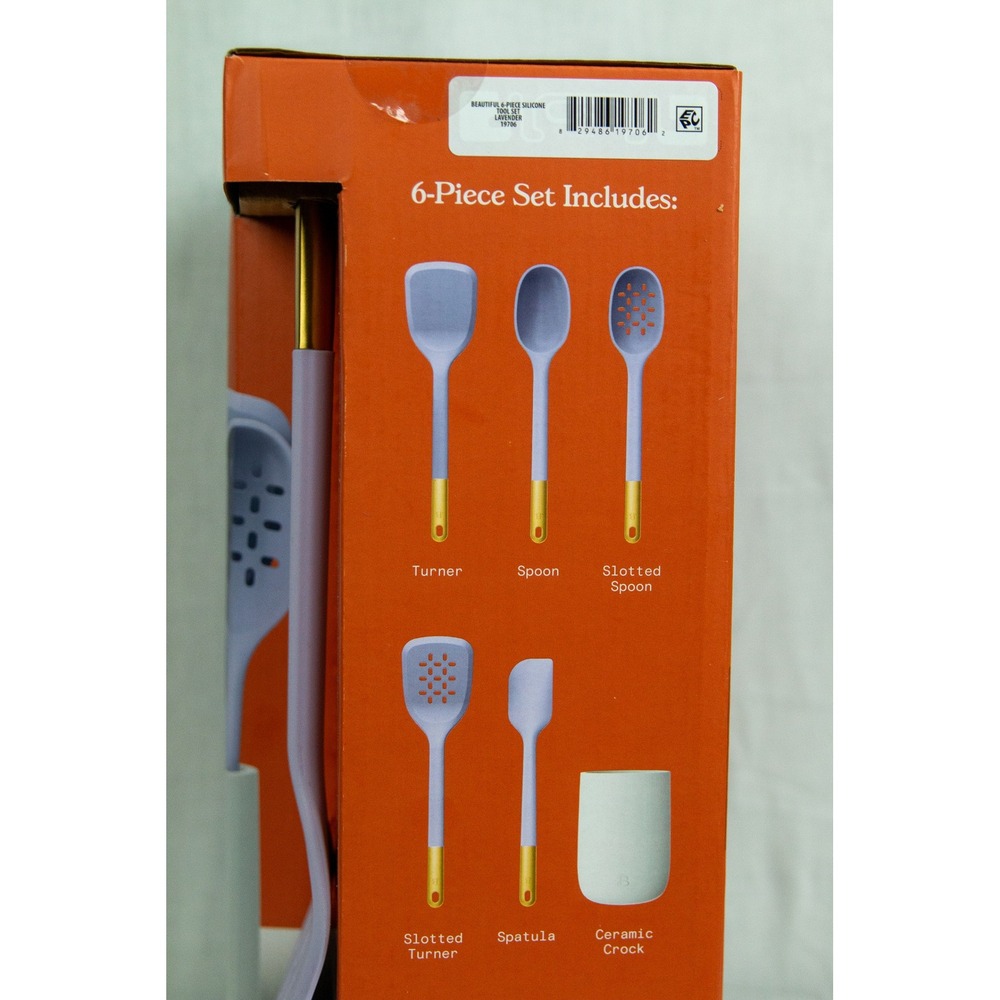 Beautiful by Drew Barrymore 6pc Silicone Kitchen Tool Set Lavender Purple Gold - Picture 9 of 11